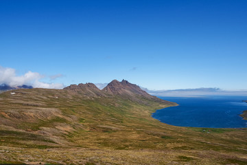 Fototapeta na wymiar Mountain and fjord landscape near Drangsnes in the Westjords of Iceland