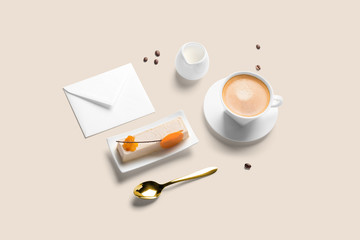 Coffee cup with donuts, breakfast set, including white blank card template and coffee package,...