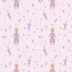 Sweet liliac girlish doodle seamless vector pattern with girl, rabbit and things.