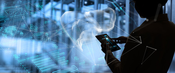 Medicine woman doctor touching digital medical record tablet with Liver. AR of healthcare and network connection on hologram modern Ui forTreatment and diagnostics of liver