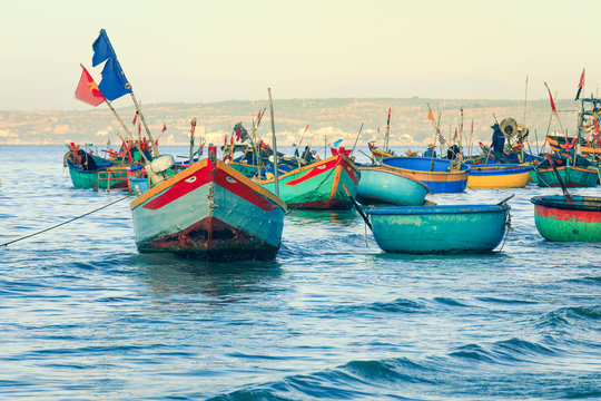 Traditinal Basket Boats on blue sea in Phan Thiet, Mui ne, Vietnam