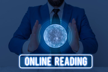 Text sign showing Online Reading. Business photo text process of extracting meaning is in a digital...