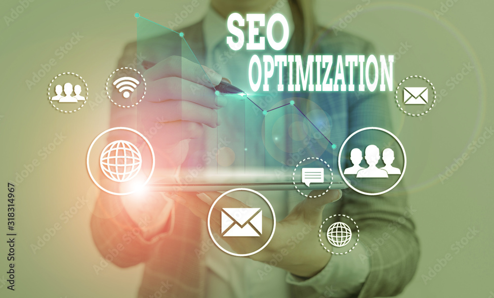 Poster word writing text seo optimization. business photo showcasing increasing visibility of a website or 