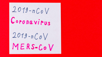 Coronavirus - 2019-nCoV. Handwritten text with 2019-nCoV, Coronavirus, MERS-CoV. Chinese coronavirus outbreak. MERS-Cov middle East respiratory syndrome coronavirus. Red background