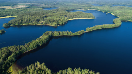 Aerial view of beautiful blue lake Liesjarvi in Finland.  Blue lakes, islands and green forests from above on a summer morning. 