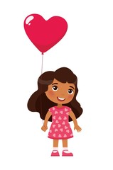 Little girl holding heart shaped balloon flat vector illustration. Valentines Day celebration. Smiling child character with present. February 14 holiday isolated design element