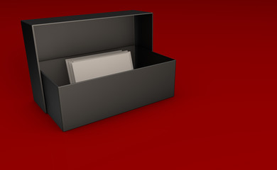 3d rendering of box with business cards on red glass background