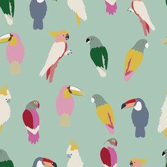 Vector seamless pattern background tropical birds. blue background.