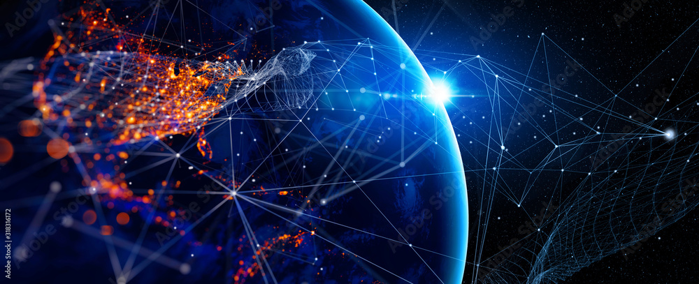 Leinwandbilder Communication technology for internet business. Global world network and telecommunication on earth cryptocurrency and blockchain and IoT. Elements of this image furnished by NASA
