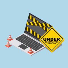 Laptop with construction cone and under construction sign. Developing web site icon. Isolated background