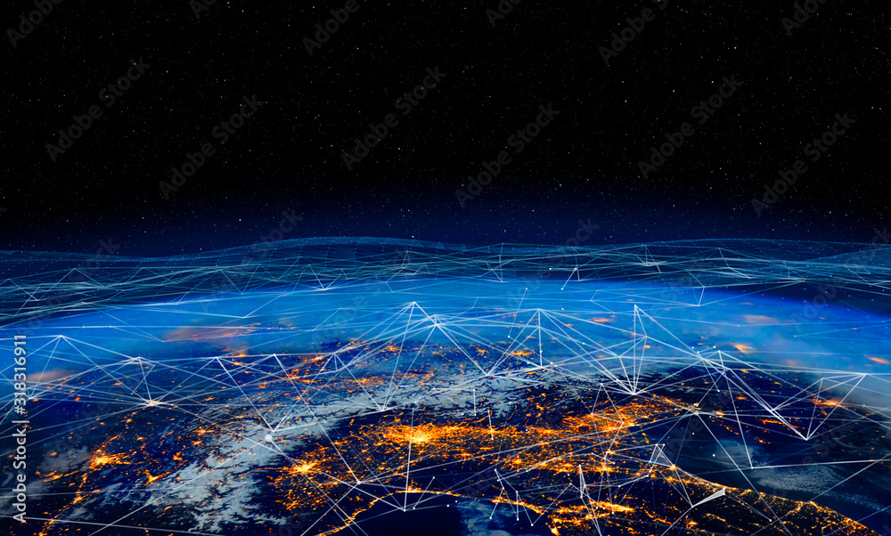 Poster Communication technology for internet business. Global world network and telecommunication on earth cryptocurrency and blockchain and IoT. Elements of this image furnished by NASA