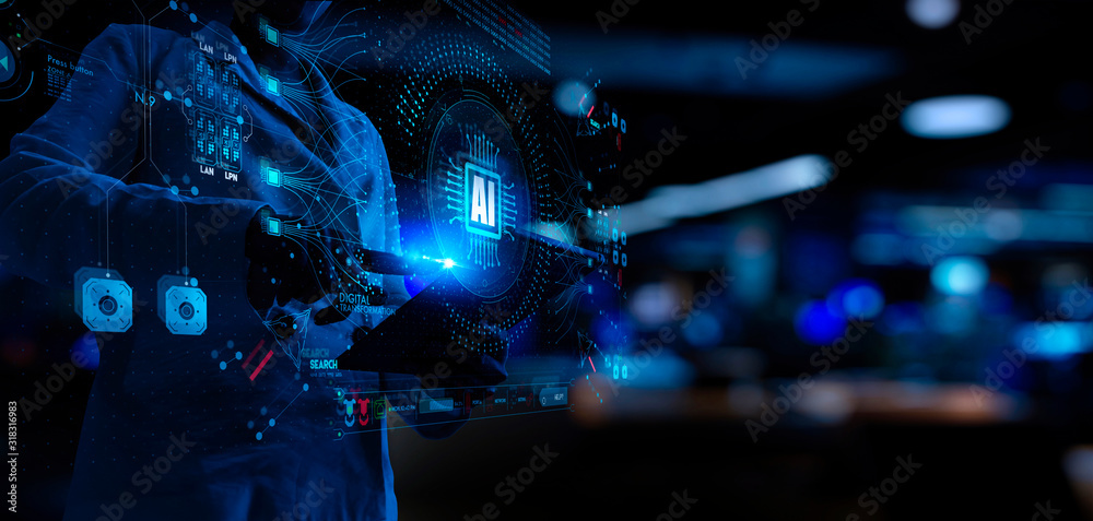 Poster Artificial intelligence (AI) with machine deep learning and data mining and another modern computer technologies UI by woman hand touching CPU icon.