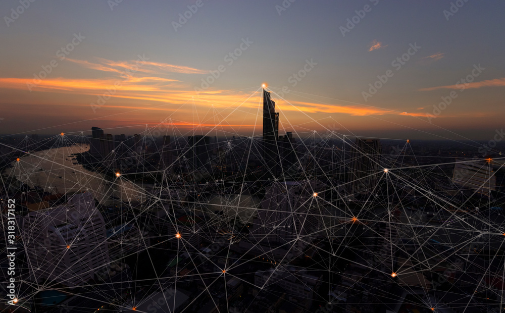 Poster Wireless network and Connection technology concept with Abstract buildings and city background