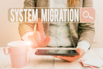 Handwriting text System Migration. Conceptual photo moving from the use of one operating...