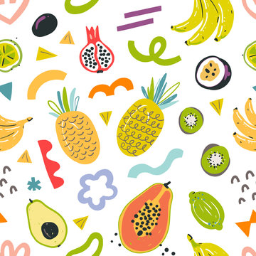 Tropical fruit pattern, seamless vector background, colorful handdrawn summer fresh food. Pineapple, papaya and avocado fruits, modern simple ornament, good as fashion print or backdrop for fresh bar