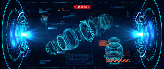  3D turbine hologram in HUD style. Jet engine of airplane, industrial aerospace blueprint. Future engineering concept with infographics, engine statistics and  parts of mechanisms in HUD style. Vector © SergeyBitos