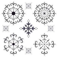 Happy New Year and Christmas hand drawn set collection. Decorative openwork snowflakes with curls. Vector for your design.