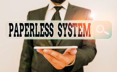 Conceptual hand writing showing Paperless System. Concept meaning storage or communication of...