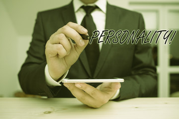 Text sign showing Personality. Business photo showcasing combination characteristics that form...