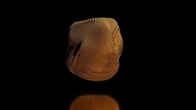 3d render of golden geometric abstract sphere shape with soft wave movement on black background with reflection. Seamless loop animation.