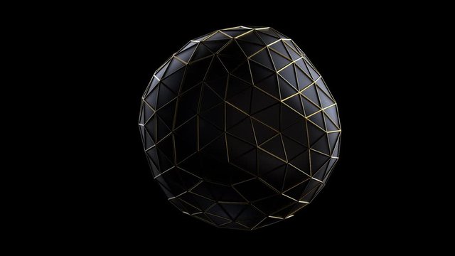 3d render of black abstract sphere shape and geometric gold wireframe structure with soft wave movement on black background. Seamless loop animation.