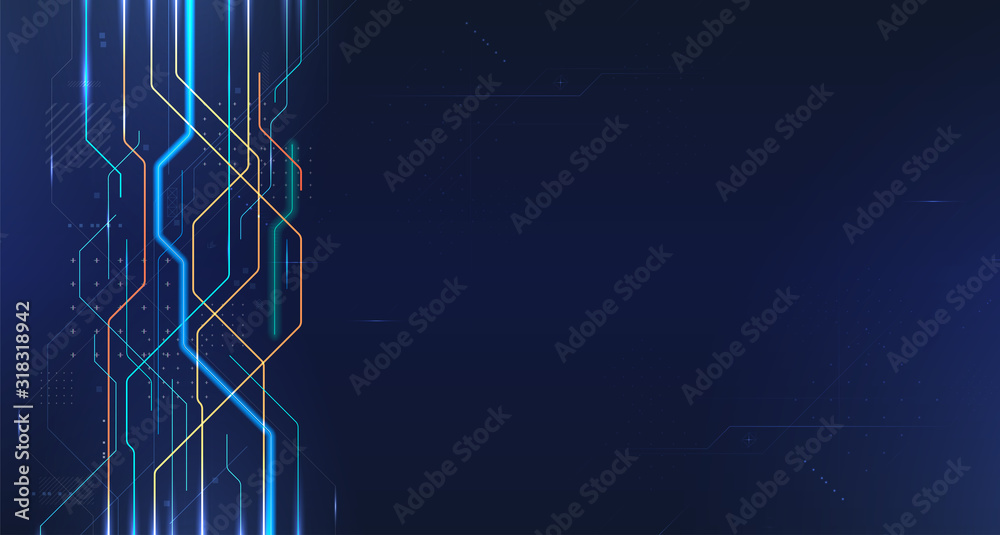 Poster Technology background with neon line and dots over dark blue background. Hi-tech connection, digital data and internet communication, future science techno design for background. Vector illustration