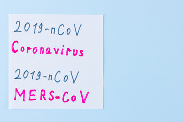 Coronavirus - 2019-nCoV. Handwritten text with 2019-nCoV, Coronavirus, MERS-CoV. Chinese coronavirus outbreak. MERS-Cov middle East respiratory syndrome coronavirus. Blue background