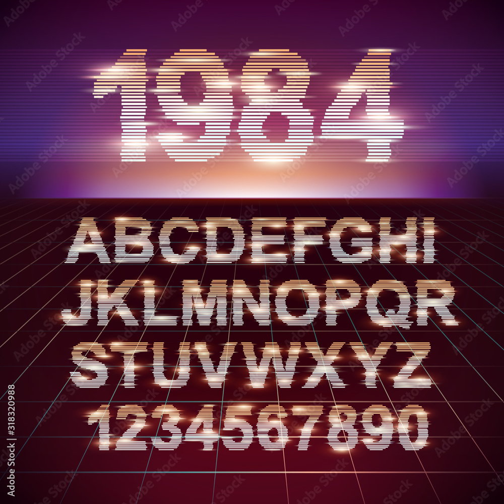 Poster retro crt screen futuristic movie font. stylish retro synth wave alphabet in 80s style. vector font 