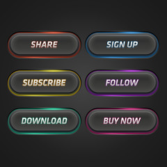 Black Buttons with colored highlights. Vector Glowing UI elements for web, mobile and application design