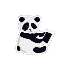 Vector illustration with a little cute panda that is sitting sideways and chatting in a smartphone. Sticker or icon with panda.