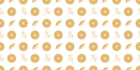 Golden seamless pattern with orange fruit slice, flower and leaf. Gold texture