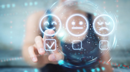 Woman using customer satisfaction rating interface 3D rendering
