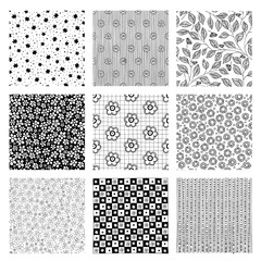 Set seamless vector black-white floral pattern.Illustration made by hand