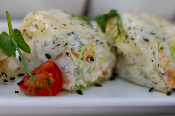 Fresh spring rolls with tomato and herbs.. Close up.