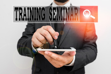 Handwriting text writing Training Seminar. Conceptual photo graduate course often featuring informality and discussion Male human wear formal work suit hold smart hi tech smartphone use one hand