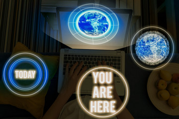 Word writing text You Are Here. Business photo showcasing This is your location reference point global positioning system Elements of this image furnished by NASA