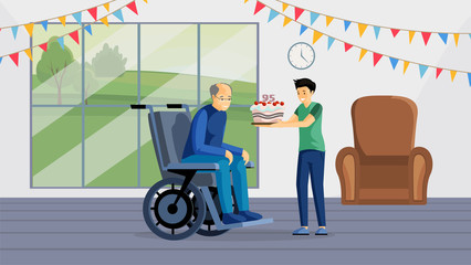 Grandfather birthday celebration flat vector illustration. Happy aged man in wheelchair and boy holding cake cartoon characters. Grandson congratulating granddad with anniversary, elderly care