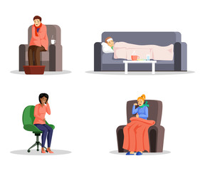 Sick people flat vector illustrations set. Young men and women with cold, fever and headache cartoon characters. Flu virus, disease home and medical treatment, healthcare design elements