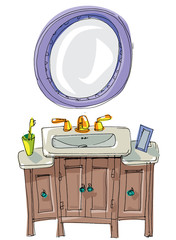 Vintage wash basin and other sanitary equipment. Cartoon. Caricature.