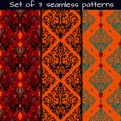 Set of 3 seamless patterns in Victorian style. Vector ornament.Victorian art print, background for fabric design, wallpaper, wrapping.