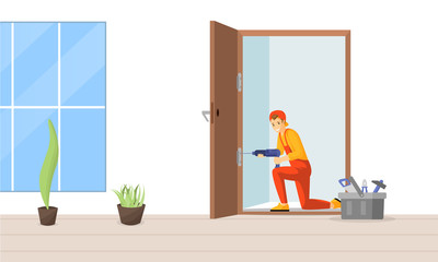 Carpenter fixing door flat vector illustration. Professional repairman fitting door hinge cartoon character. Young workman, skilled craftsman using electric drill for doorframe installation