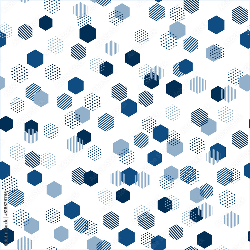 Aufkleber Modern blue seamless pattern with blue abstract background for classic vector design. Modern geometric vector texture. Abstract geometric seamless pattern. Hexagon background. Hexagonal cell texture.
