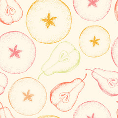 Vector seamless pattern with pears, cutaway fruits, slices. Illustration with pattern for packaging juice, wrapping paper or kitchen design.