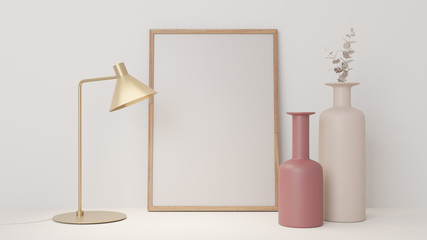 Empty white mockup poster photo frame, clean minimal trendy interior on table with vase and gold lamp