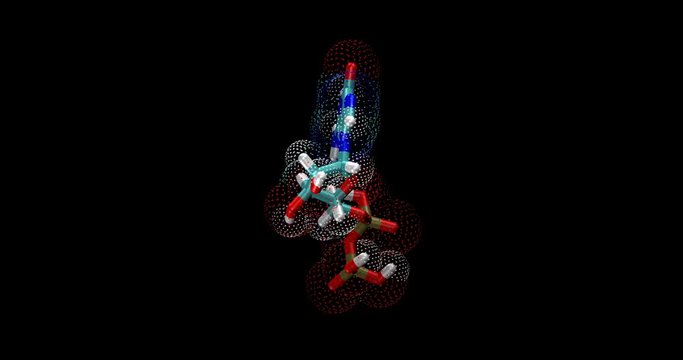 GDP, Guanosine diphosphate, 3d molecule, spinning on Y axis