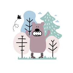 Cute bear in the forest. Children print for baby clothes, poster, postcard