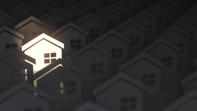 Choosing the right real estate property. Unique lighting house sign in group of houses. 3d animation