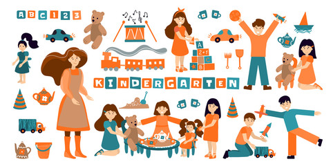 Vector set kindergarten, children play and nanny. Illustration designer for kindergarten, toy store, baby-sitter, school. Collection of people and objects isolated on white background