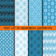 Set of 8 seamless patterns in ethnic style. Boho ornament. Tribal art print, background for fabric design, wallpaper, wrapping.