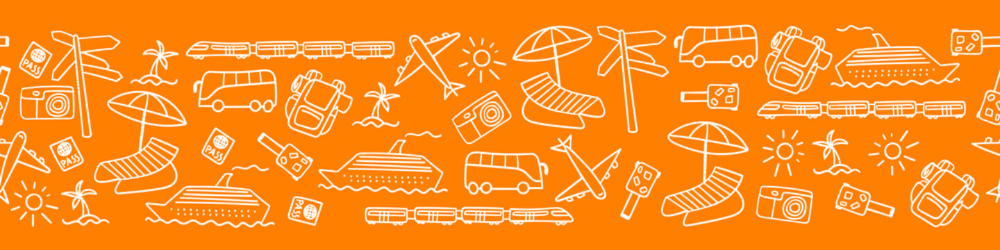 Horizontal seamless border with hand drawn travel icons. Pattern with white outline objects isolated on orange background. Vector illustration.
